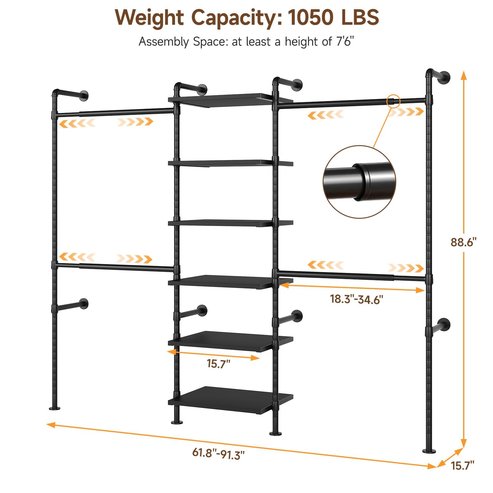 Wall Mounted Closet System 6 Wooden Shelves 4 Telescopic Rods Heavy Duty Black