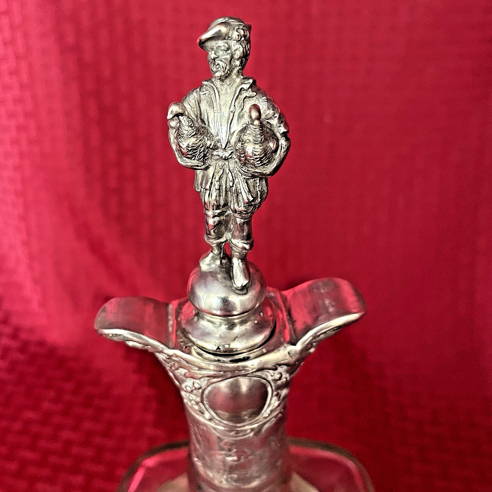 ANTIQUE GERMAN HANAU .800 SILVER OVERLAY ON ETCHED DECANTER