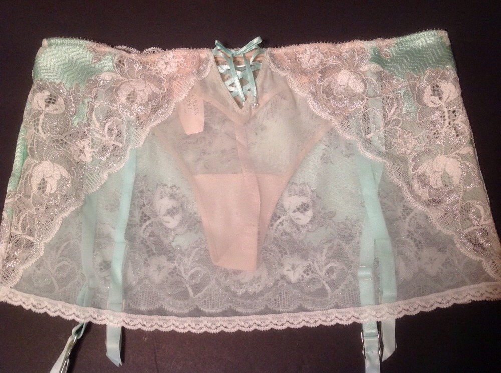 Victorias Secret Seduction Lace Garter Skirt Mint Green Crystals Ltd Ed $48 SML