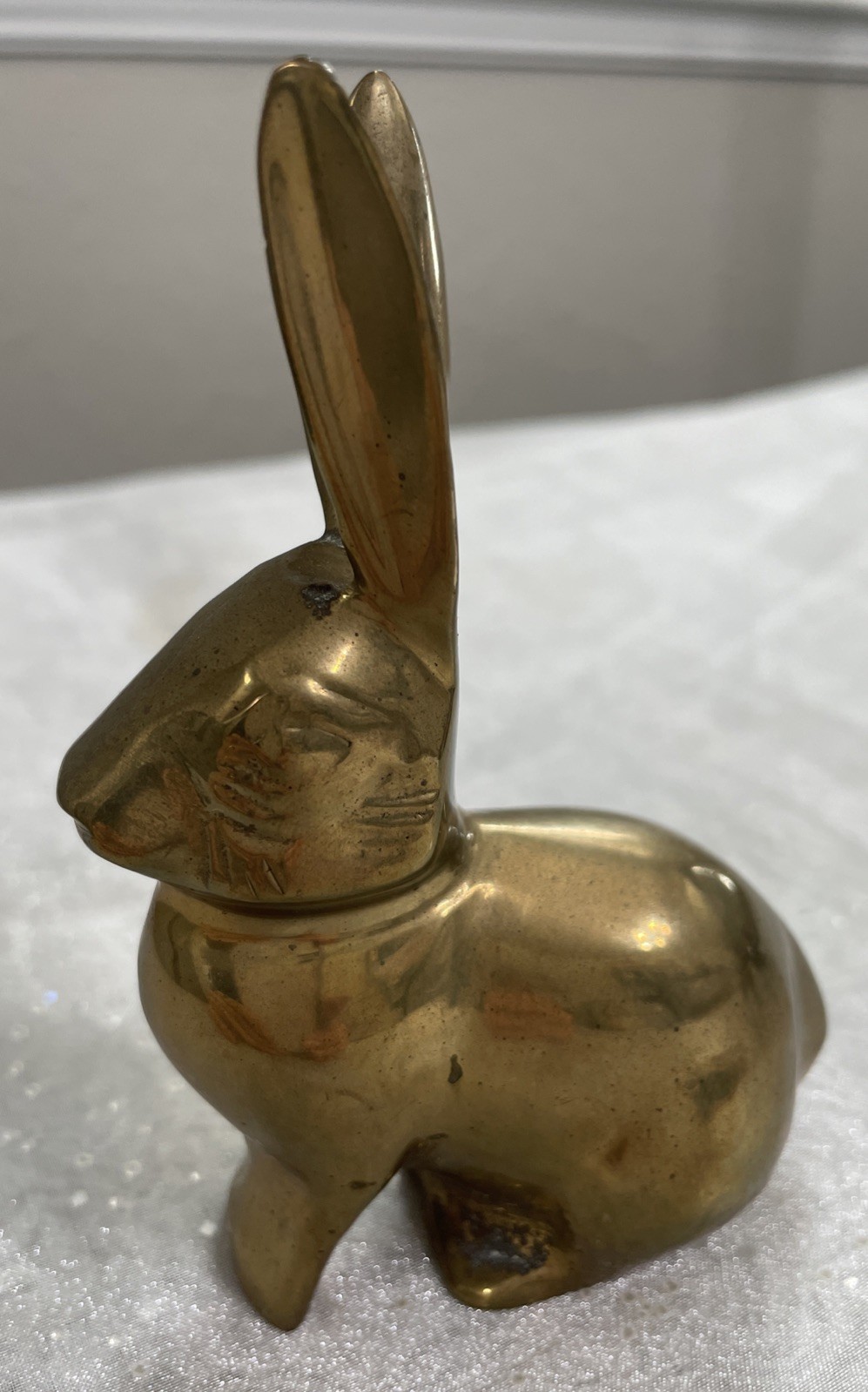 VTG Solid Brass Bunny Rabbit Figurine Paperweight ~Long Ear ~ India 3”Lx4.25”H
