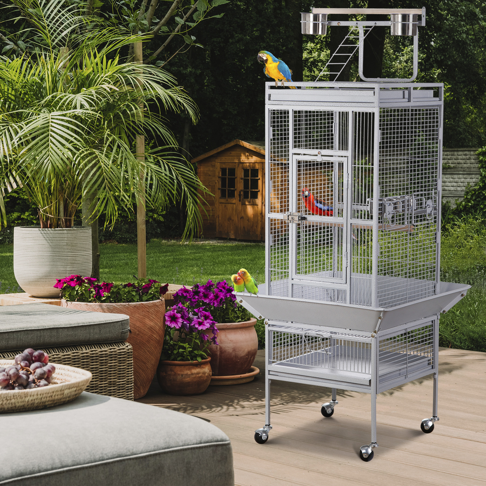 61" Wrought Iron Parrot Bird Cage Playtop w/ Rolling Stand for Cockatiels White