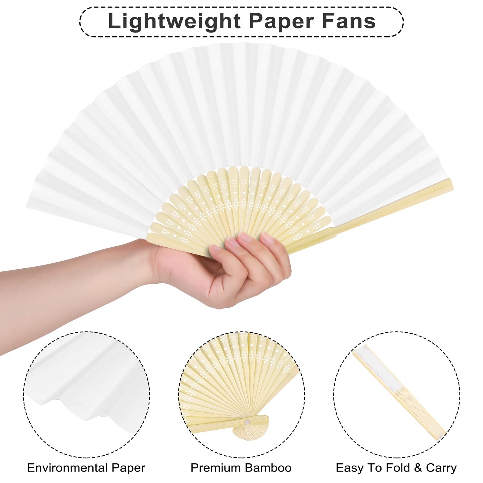 Aodaer 60 Pieces Paper Folding Fans Bamboo Handheld Folded White