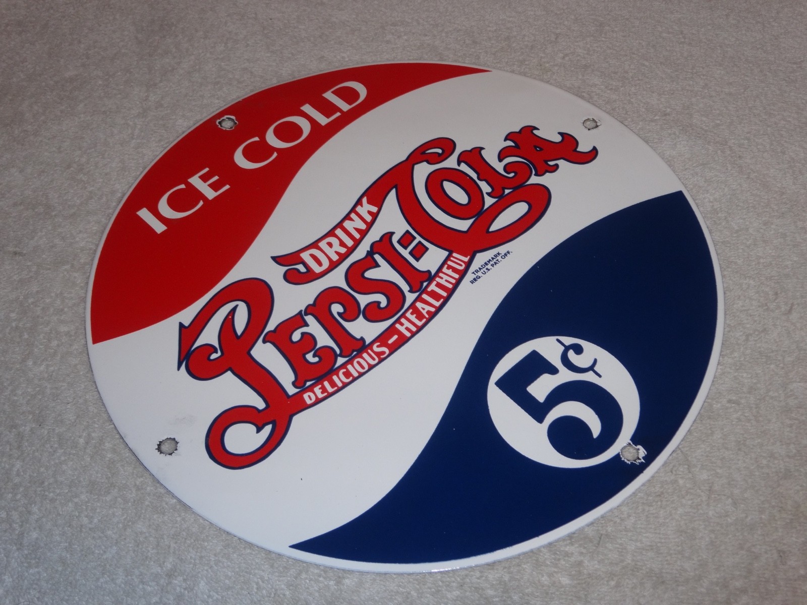 VINTAGE DRINK PEPSI COLA 5 CENTS! 11 3/4" PORCELAIN METAL SODA GASOLINE OIL SIGN