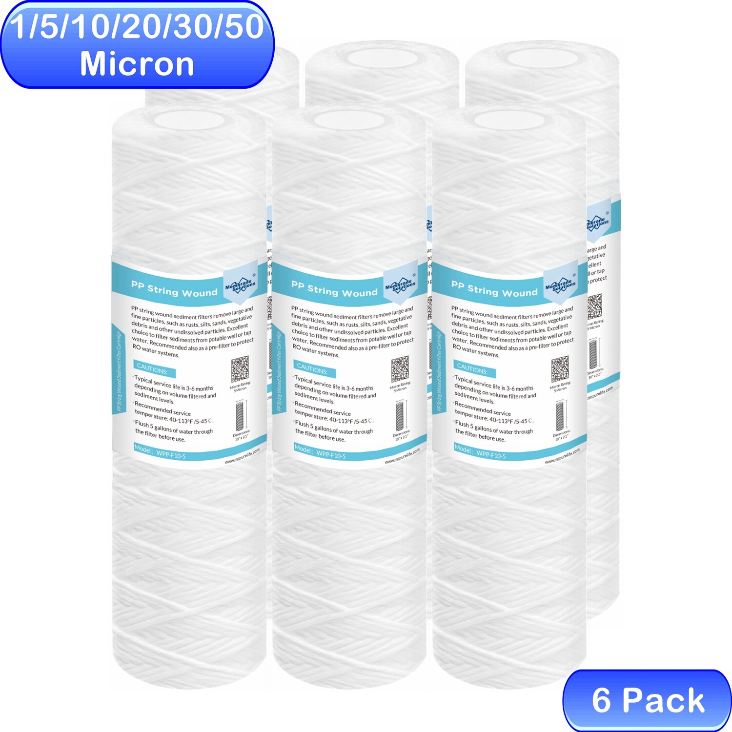 6 Pack 10" x 2.5" Whole House Well Water Filtration String Wound Sediment Filter