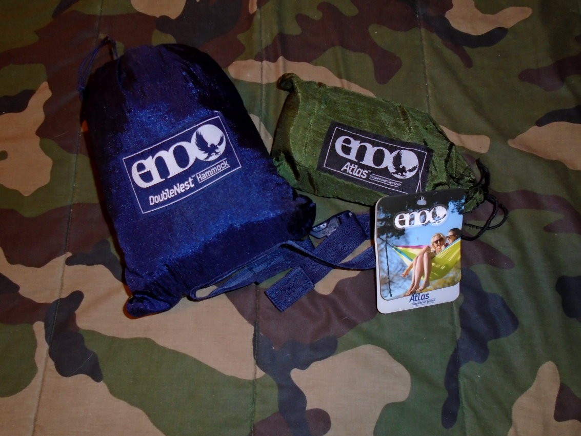 Eno Doublenest Hammock with suspension straps kit.  Holds 2 adults.