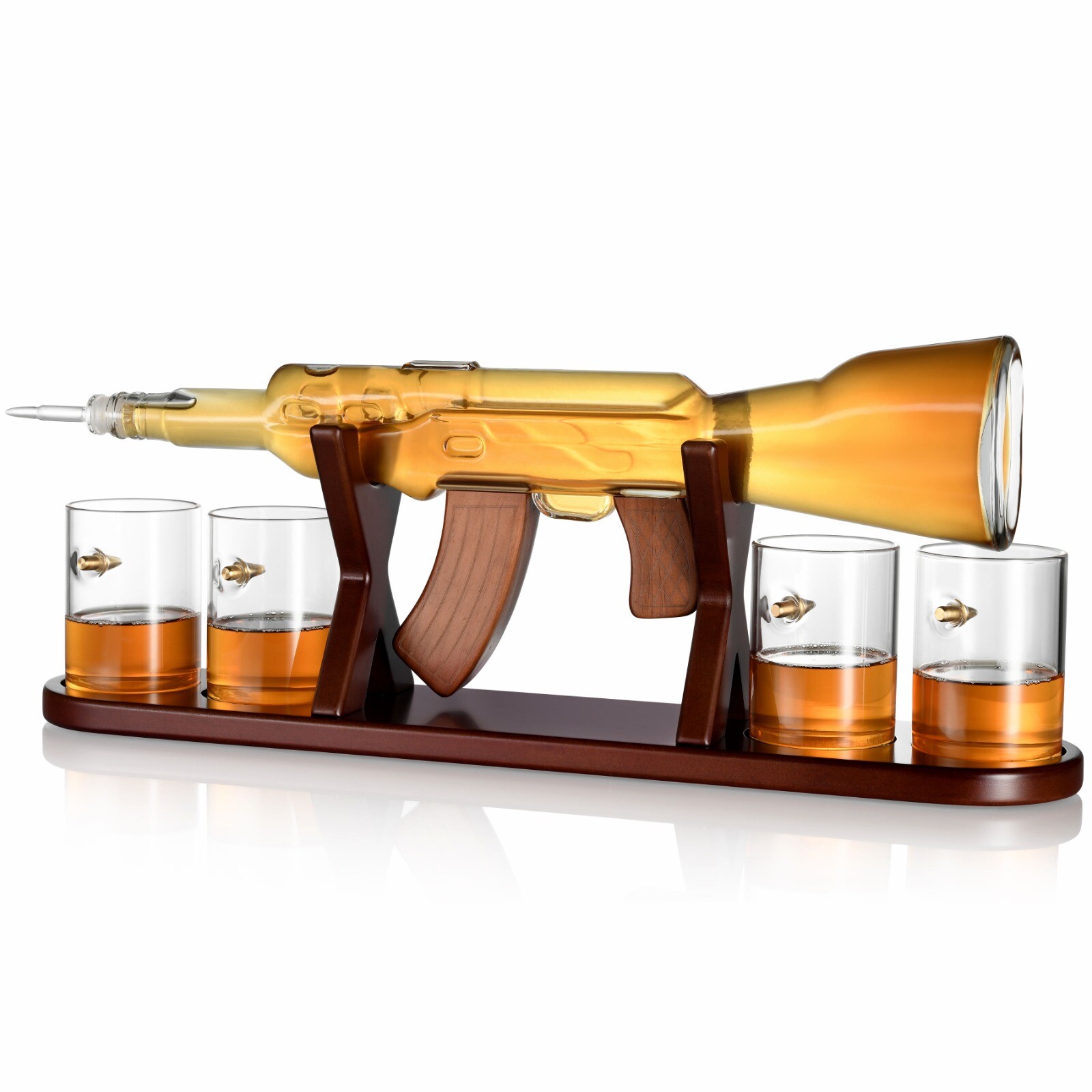 Large Gun Whiskey Decanter By The Diamond Glassware, With 4 Bullet Glasses