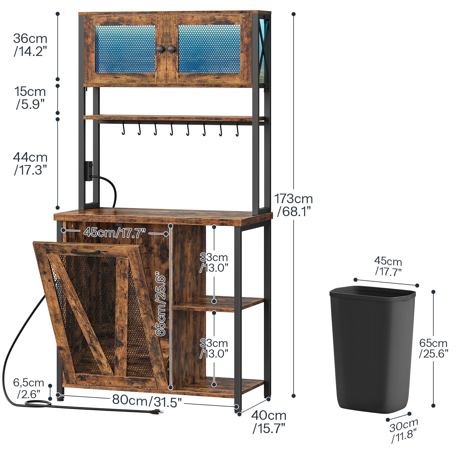 Bakers Rack with Trash Can Bin Cabinet, 6-Tier Microwave Stand with LED Stripe