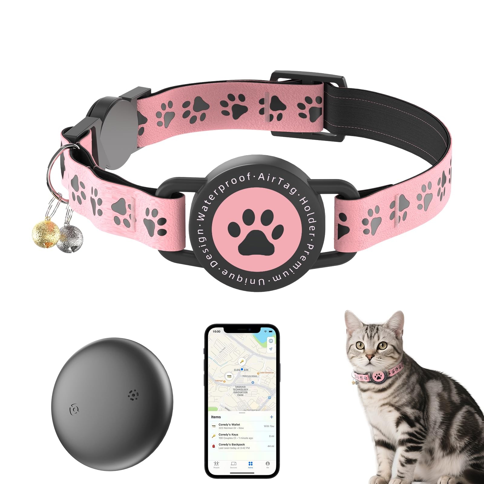 GPS Tracker for Cats, Waterproof Cat Trackers Cats Collar Standard, PINK