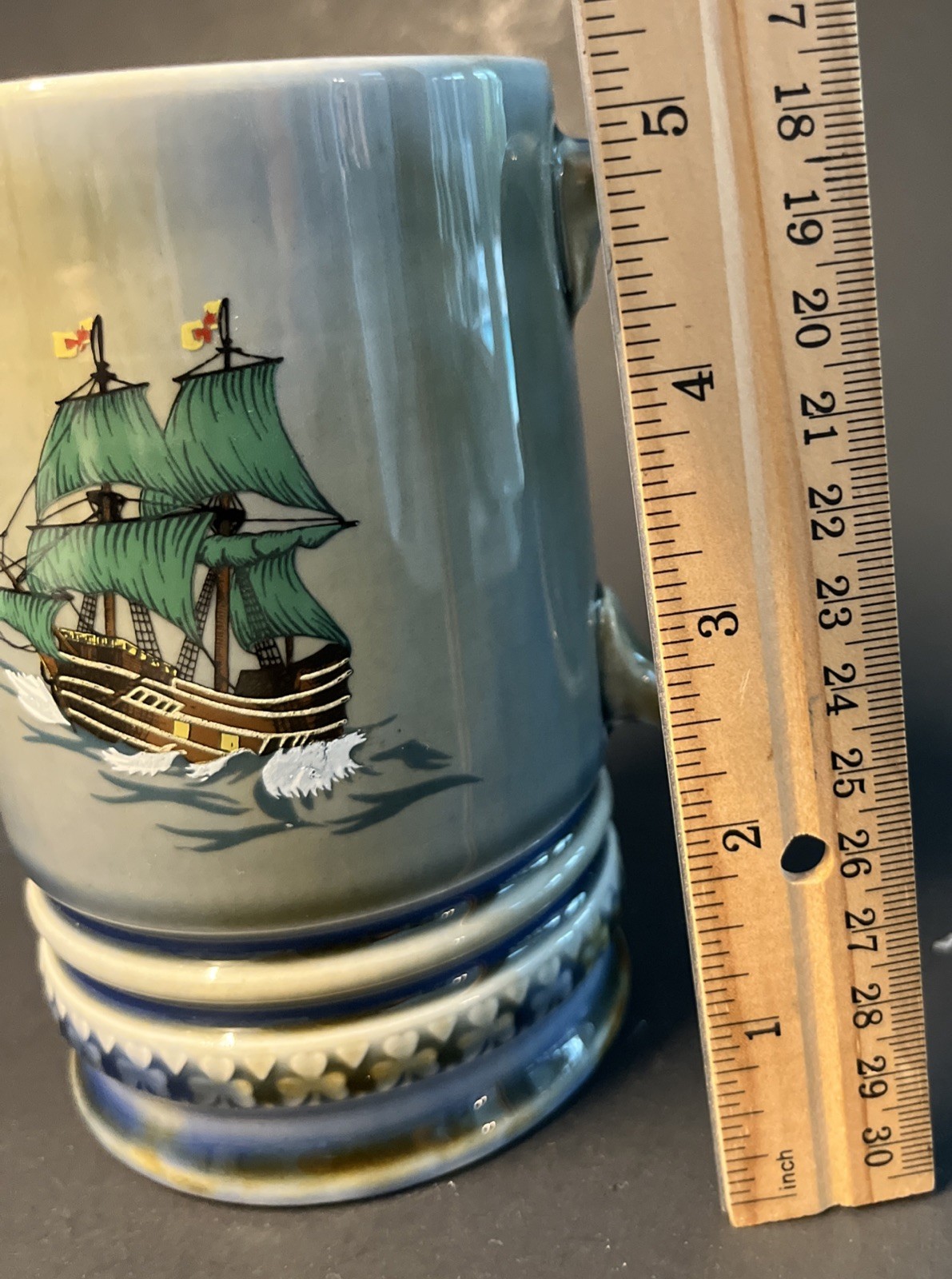 Vintage Wade Ireland Green Beer Stein Mug Sail Boat Green Sails Music Box