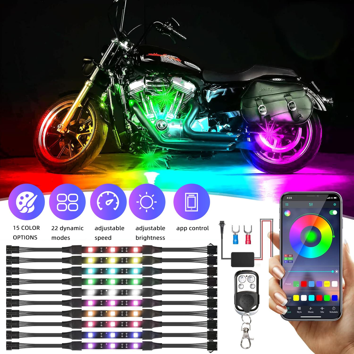 10PCS Motorcycle RGB LED Strip Light Under Glow Neon Kit Bluetooth APP Control