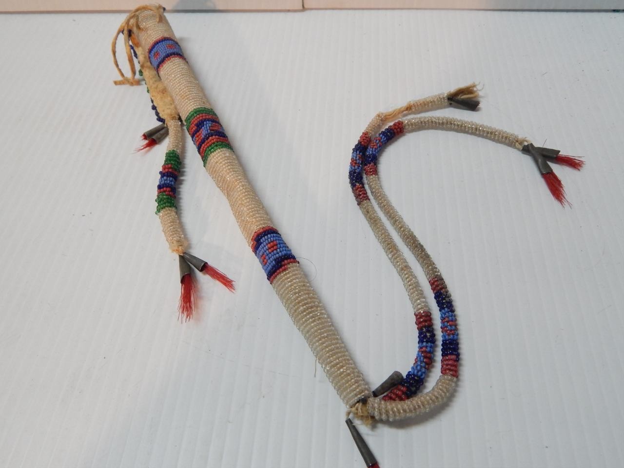 c.1870-90s PLAINS BEADED lAKOTA INDIAN AWL CASE w/ RED HORSEHAIR TIN CONES