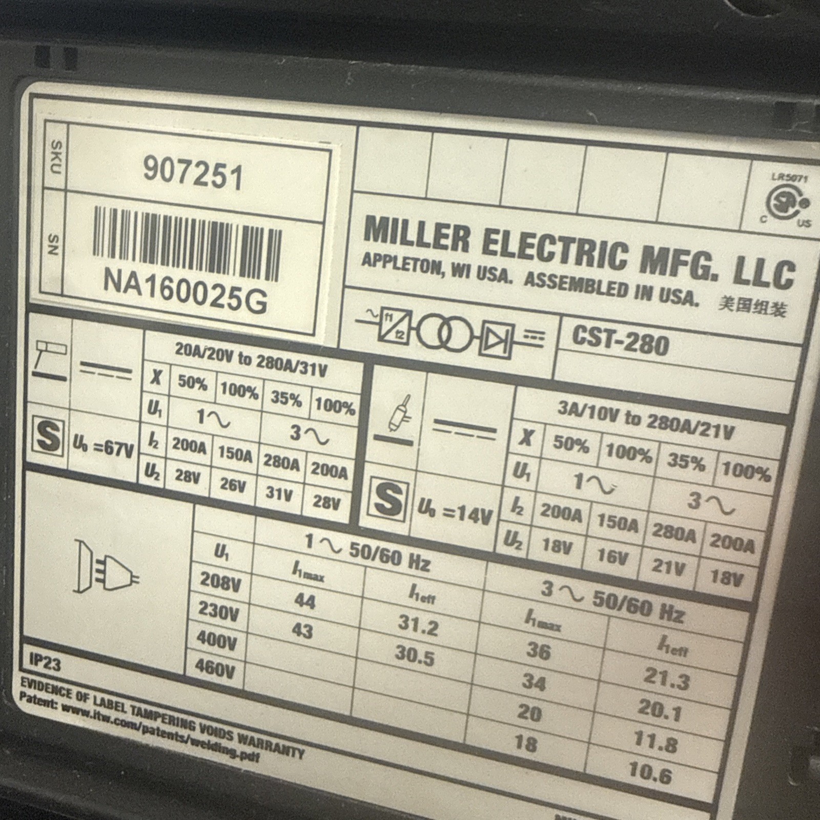 Miller CST 280 Stick Welder/Welding Machine 208-460V (LLL5