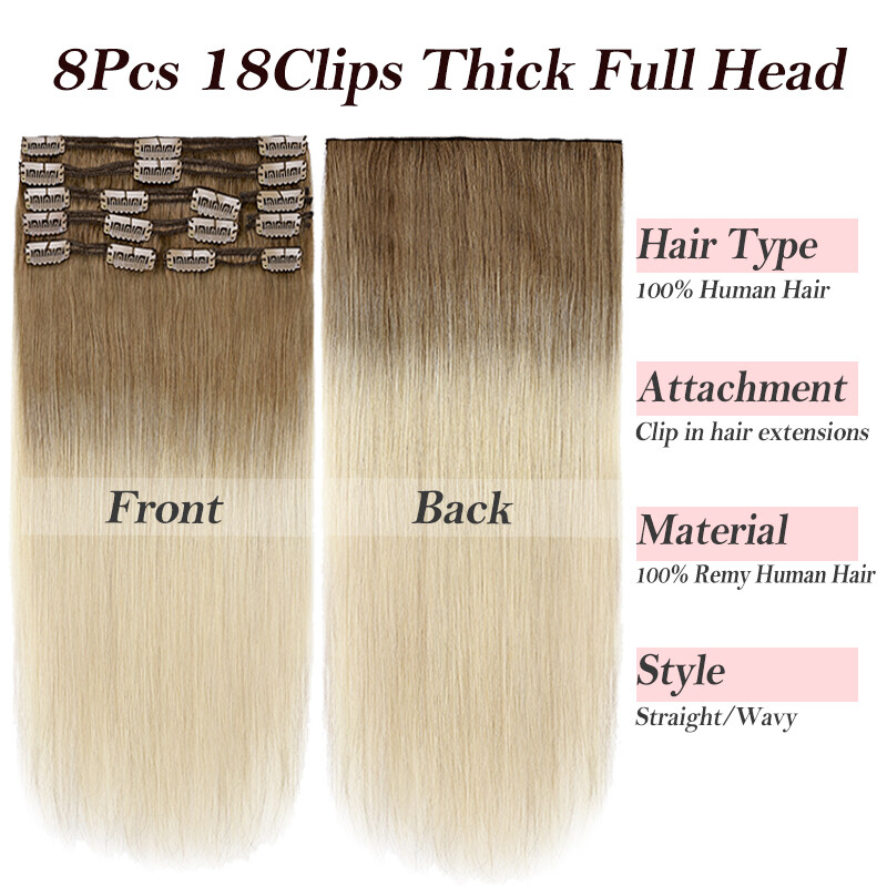 Thick Double Weft Clip In Real Remy Human Hair Extensions Full Head Highlight US