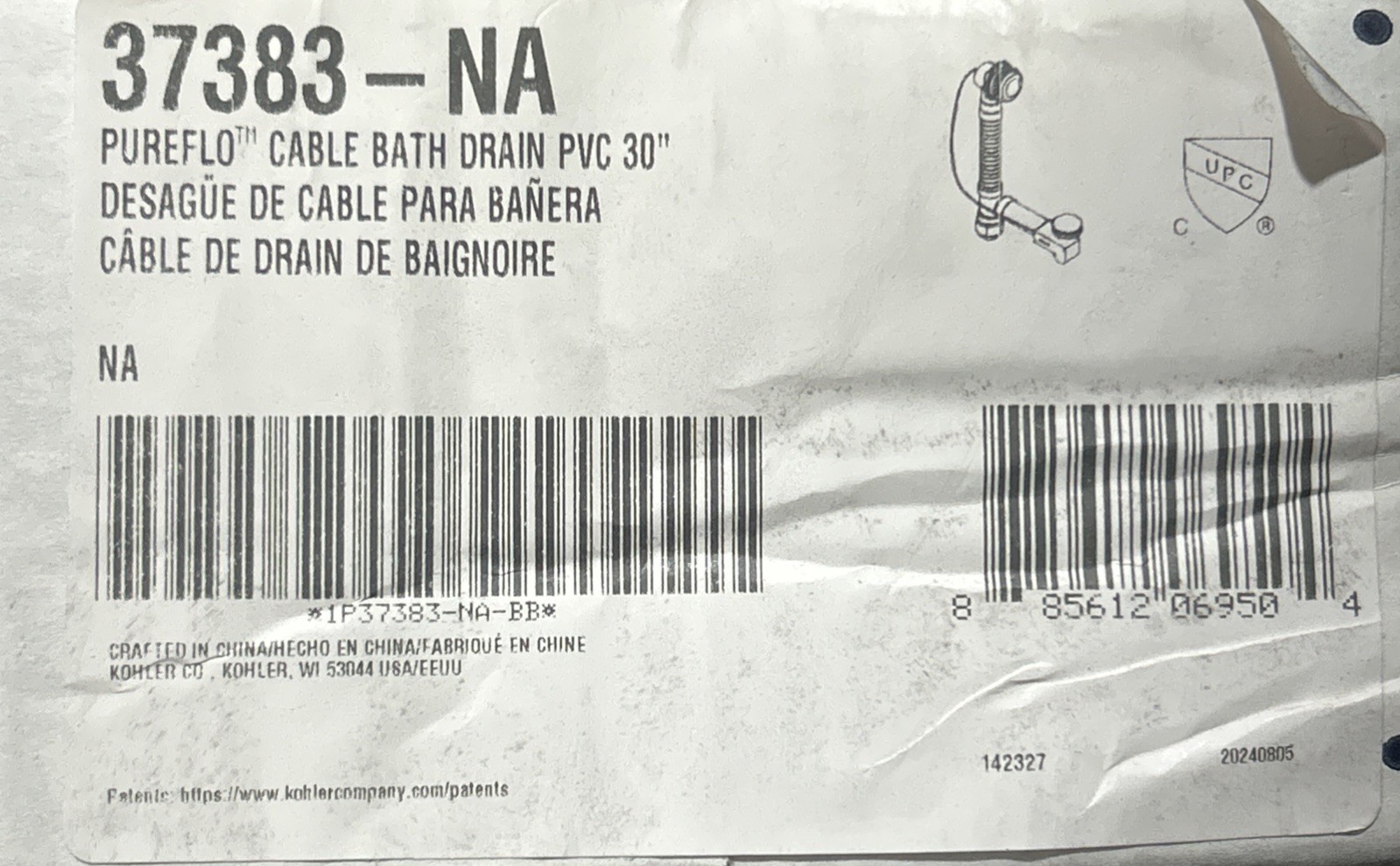 Kohler 37383-NA PureFlo PVC Rough-In Cable Bath Drain, 30" Cable with Tubing