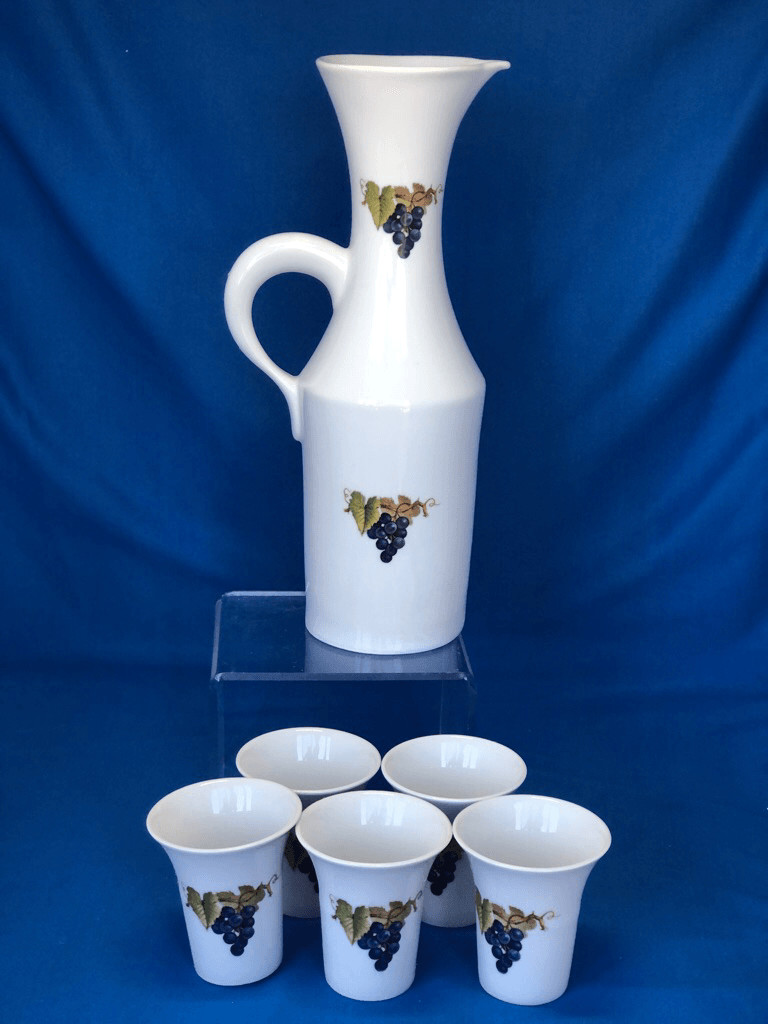 Vintage Naaman Israel Porcelain Grapes Decanter Pitcher & 5 Cups 6pc