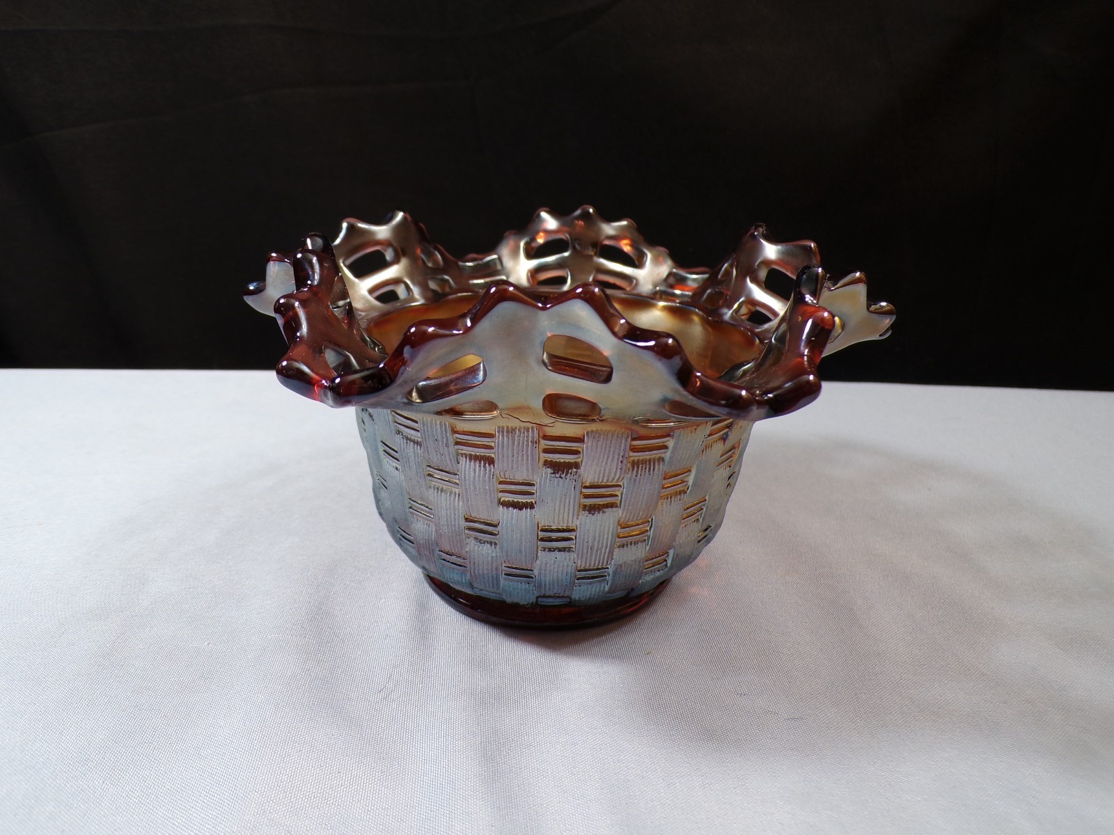 Fenton Amethyst Purple Carnival Glass Basketweave Bowl w/ Blackberry Interior