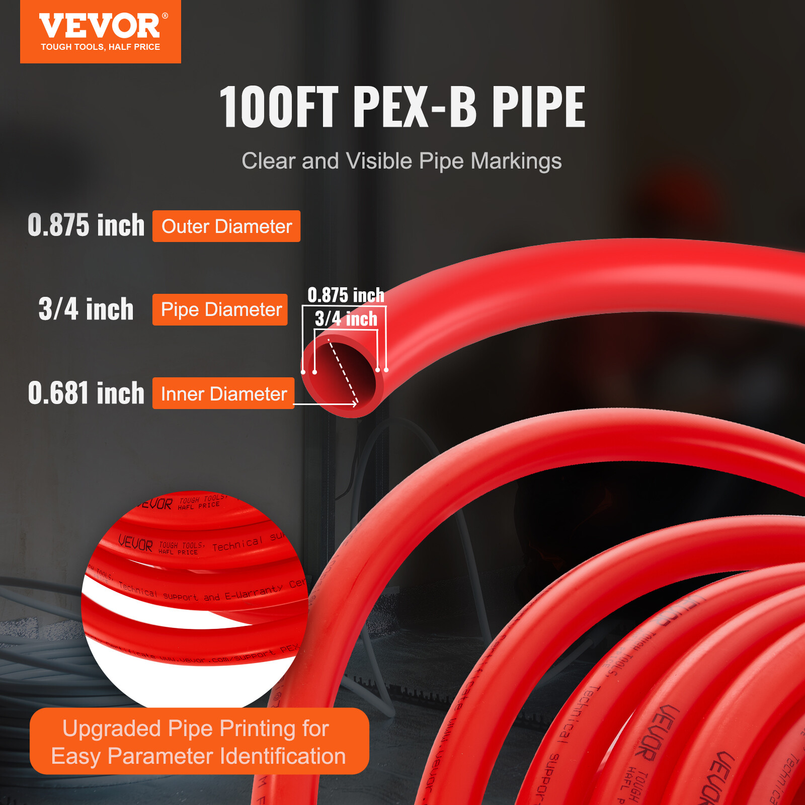 VEVOR 3/4” x 100ft Red PEX-B Tubing/Pipe for Potable Water with Pipe Cutter