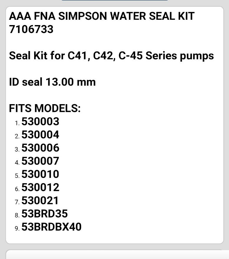 DeWALT 7106733 SIMPSON OEM AAA PRESSURE WASHER SEAL KIT FITS 530003