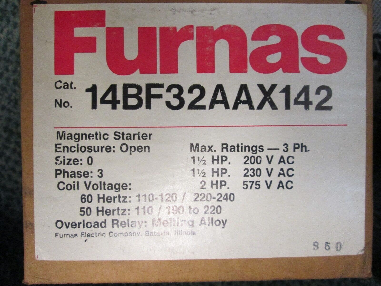 Furnas Magnetic Starter, Size 00, 14BF32AAX142, New Surplus
