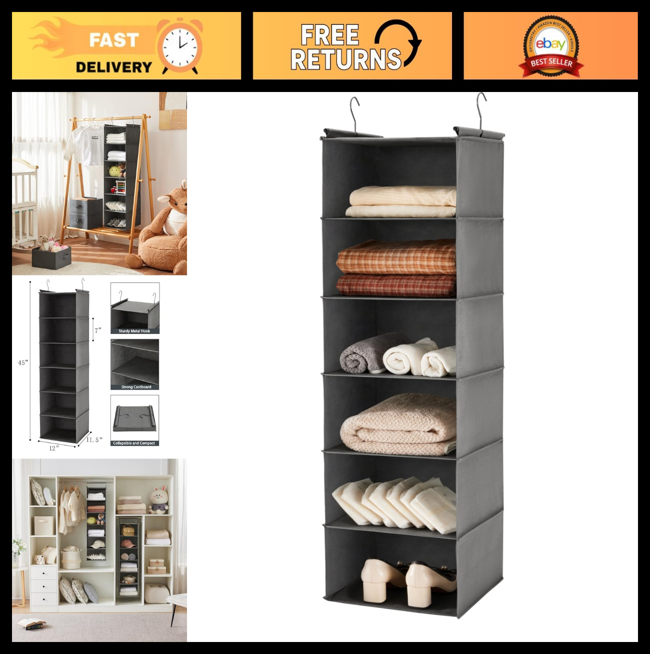 6-Tier Hanging Closet Organizer Shelf with 2 Hooks, Foldable Storage Solution -