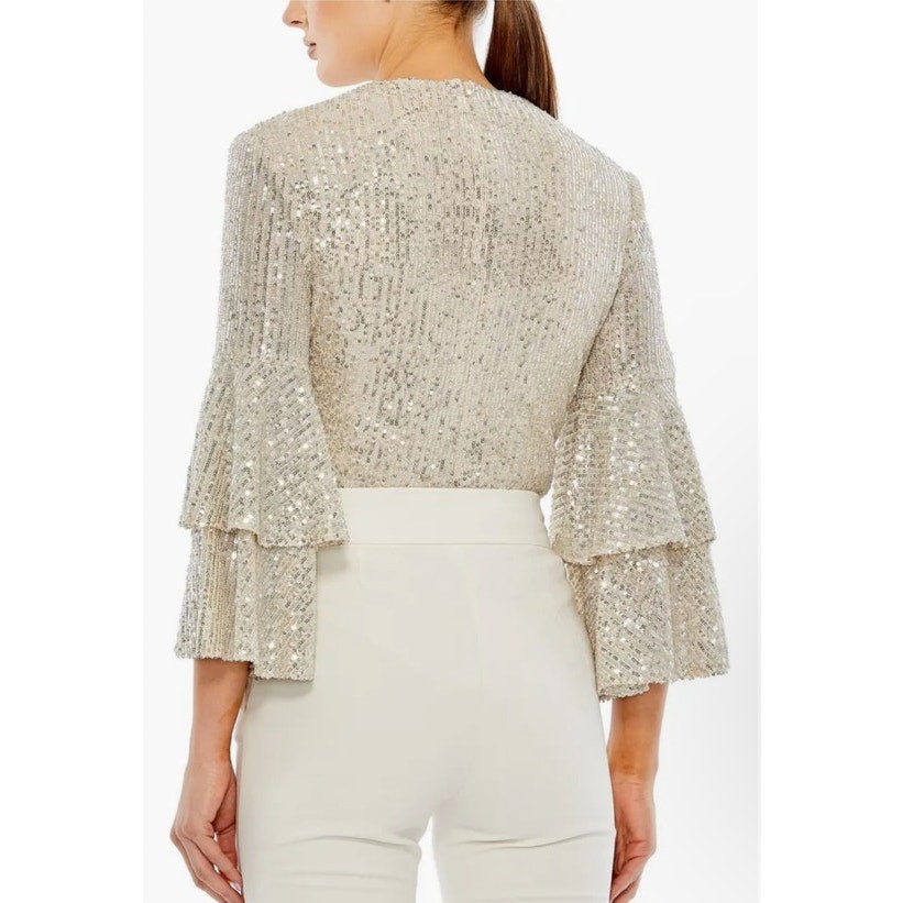 Mac Duggal NWD Size Small Nude Silver Ruffle 3/4 Sleeve Sequin Bodysuit R26822