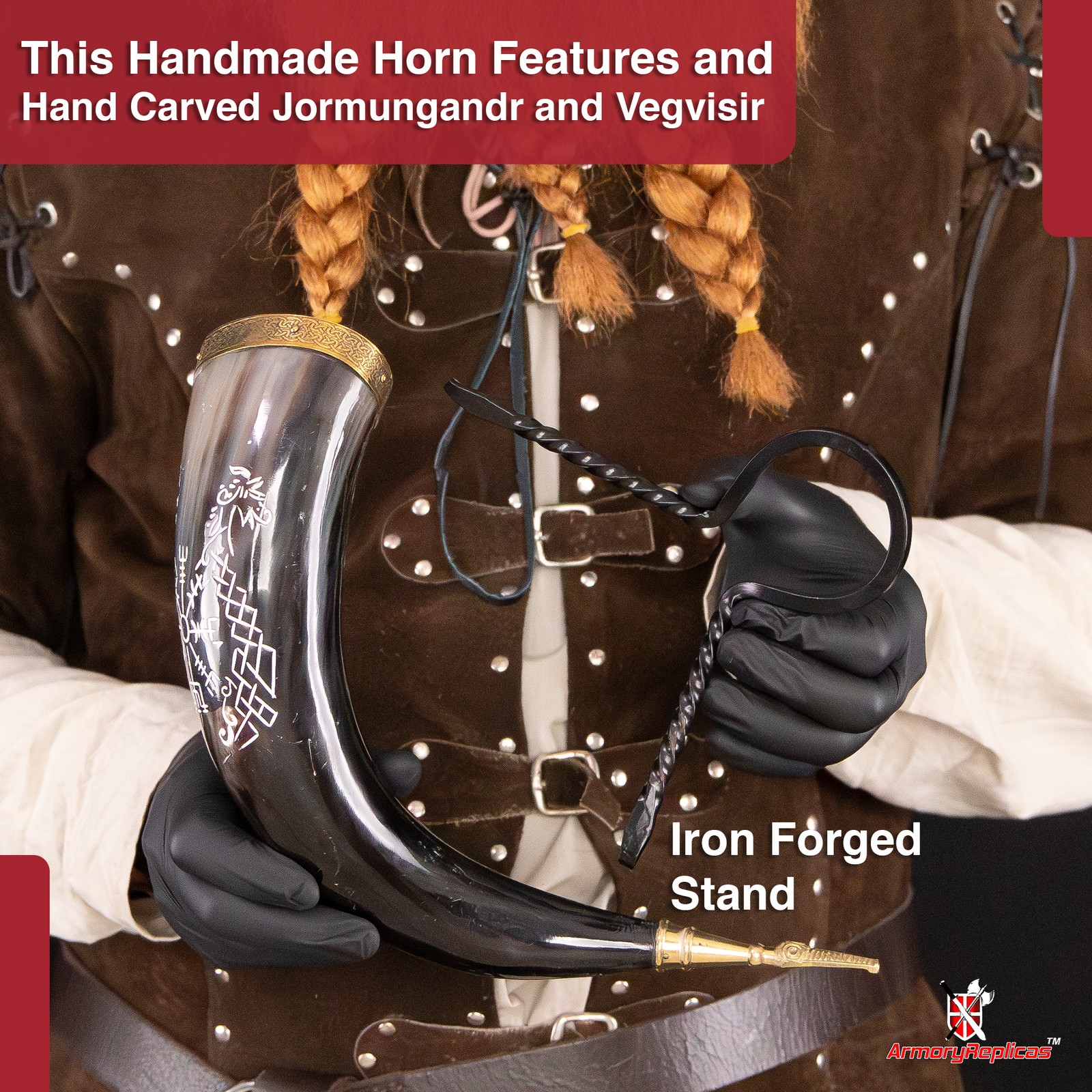 Authentic Jormungandr Viking Horn with Iron Stand - 7-11oz Norse Drinking Horn