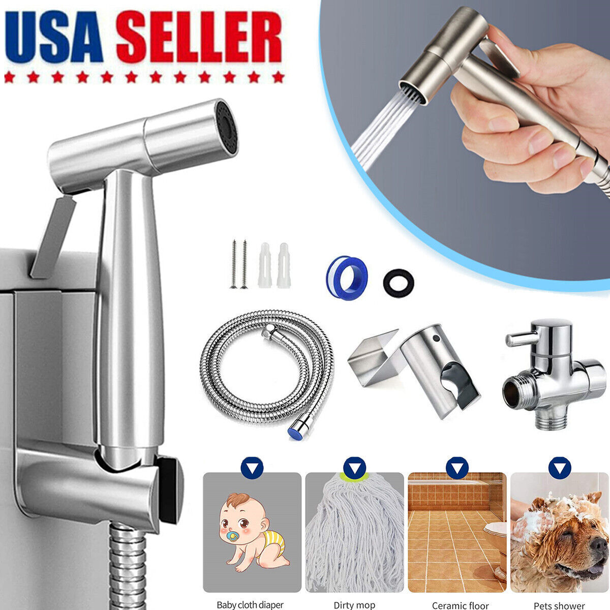 Toilet Shattaf Adapter Hose Bidet Spray Stainless Steel Handheld Shower Head US
