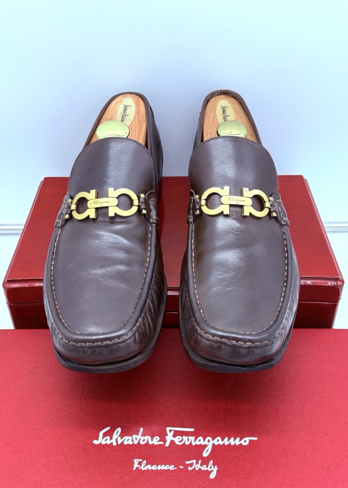 Ferragamo Mens Brown Loafers 12 Gold Gancini Horse Bit Leather Luxe Shoes Rare