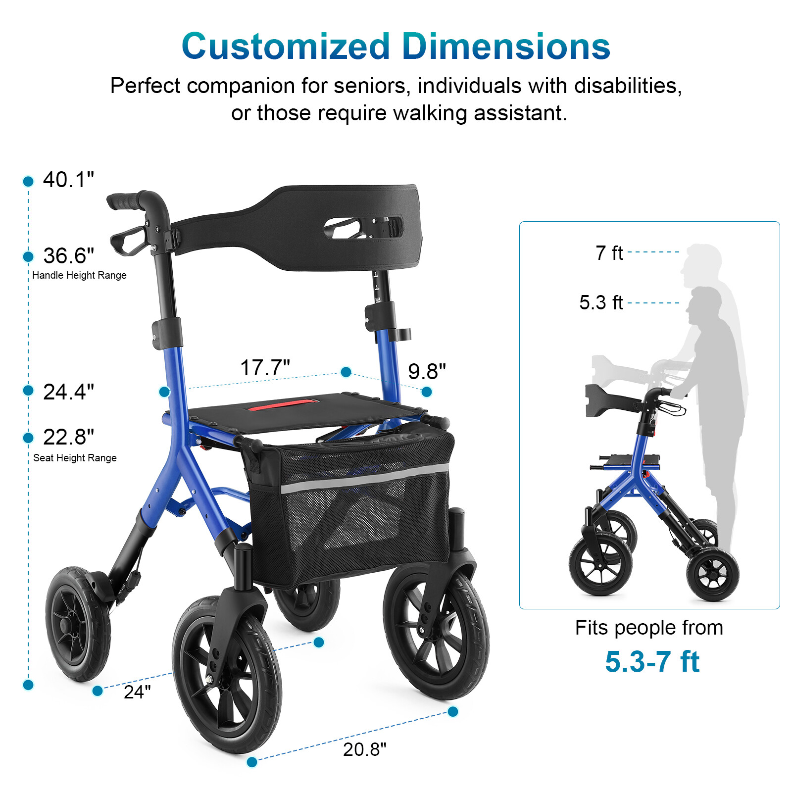 All-Terrain Rollator Walker with 12inch Rubber Wheels, Seat & Backrest, Foldable