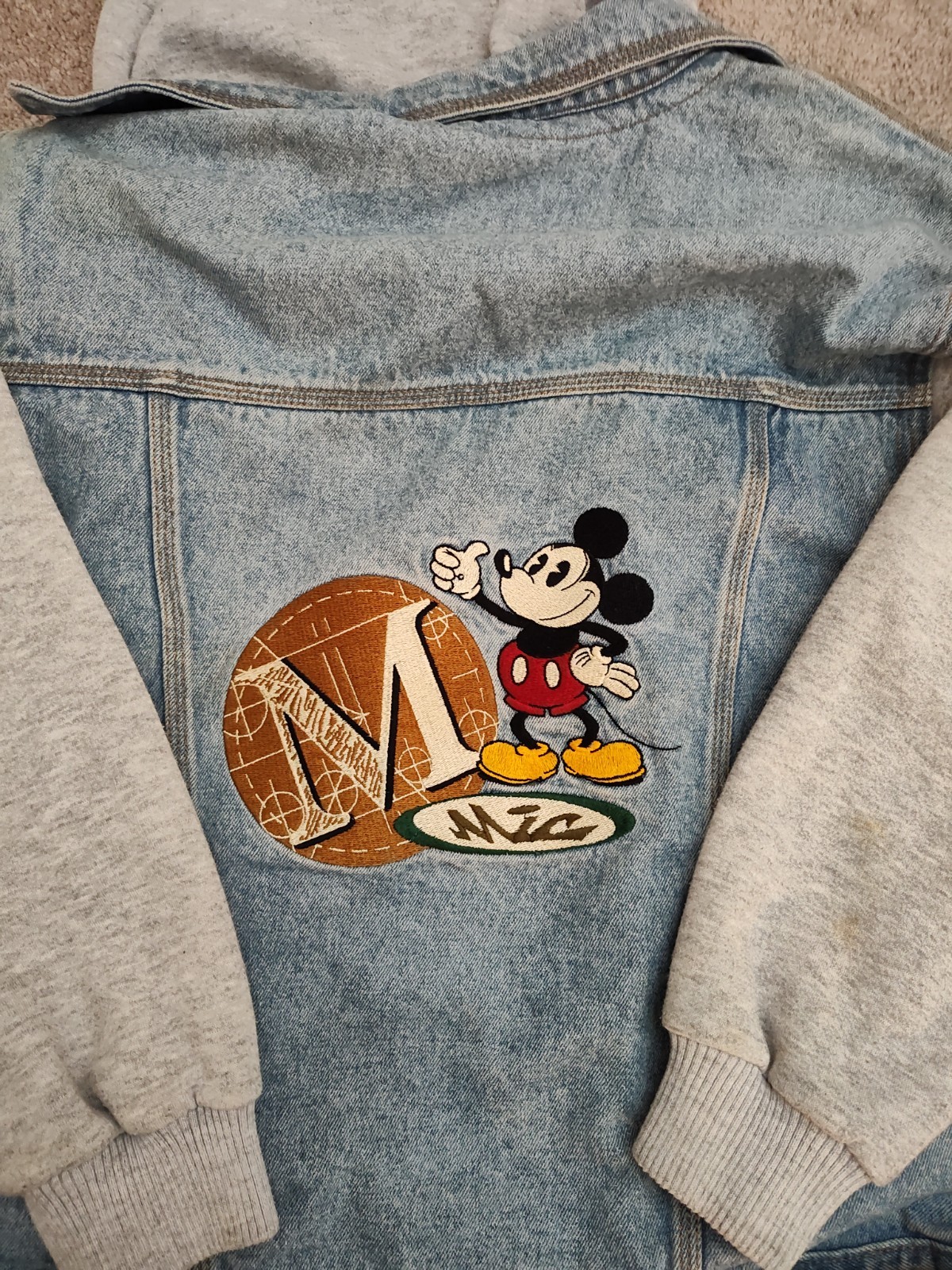 Disney Mickey Inc Jacket Small Denim Hoodie Trucker Embroidered Mouse VTG 90s