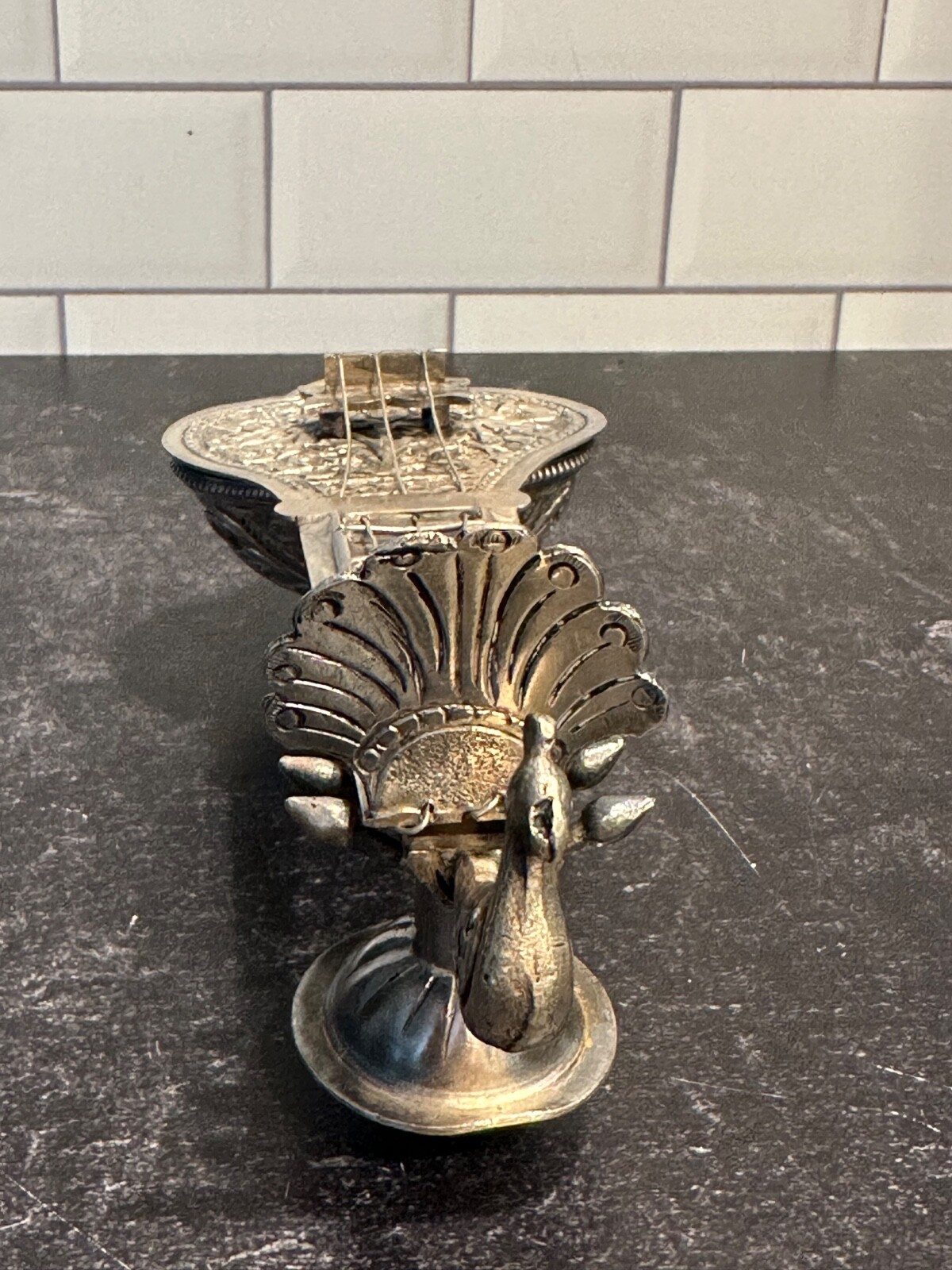 Antique Silver 700 Indian Spice Box /Container Shaped as a Sitar/Stamped