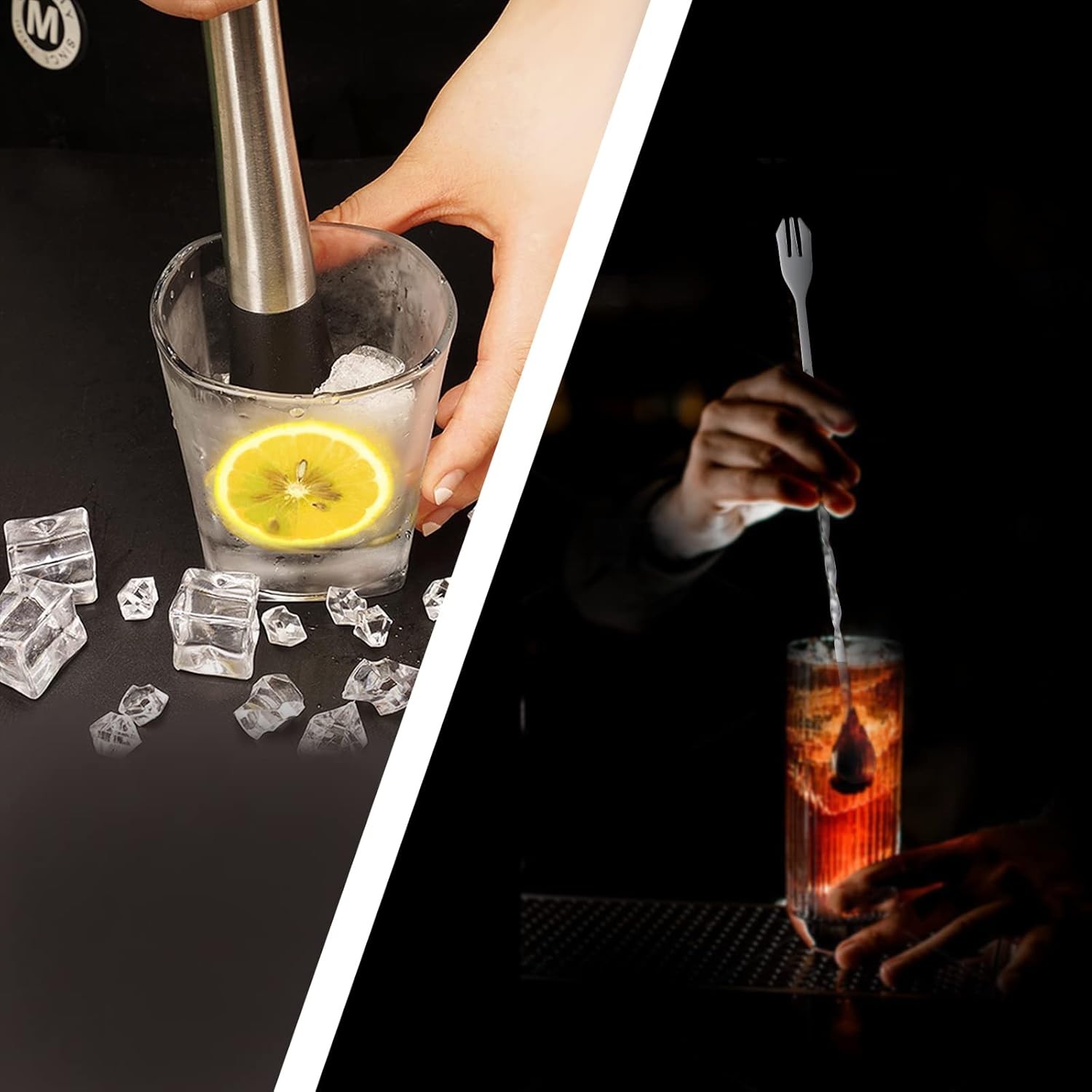 10 inch & 8 Stainless Steel Cocktail Muddler with 2 Mixing Spoon, Silver