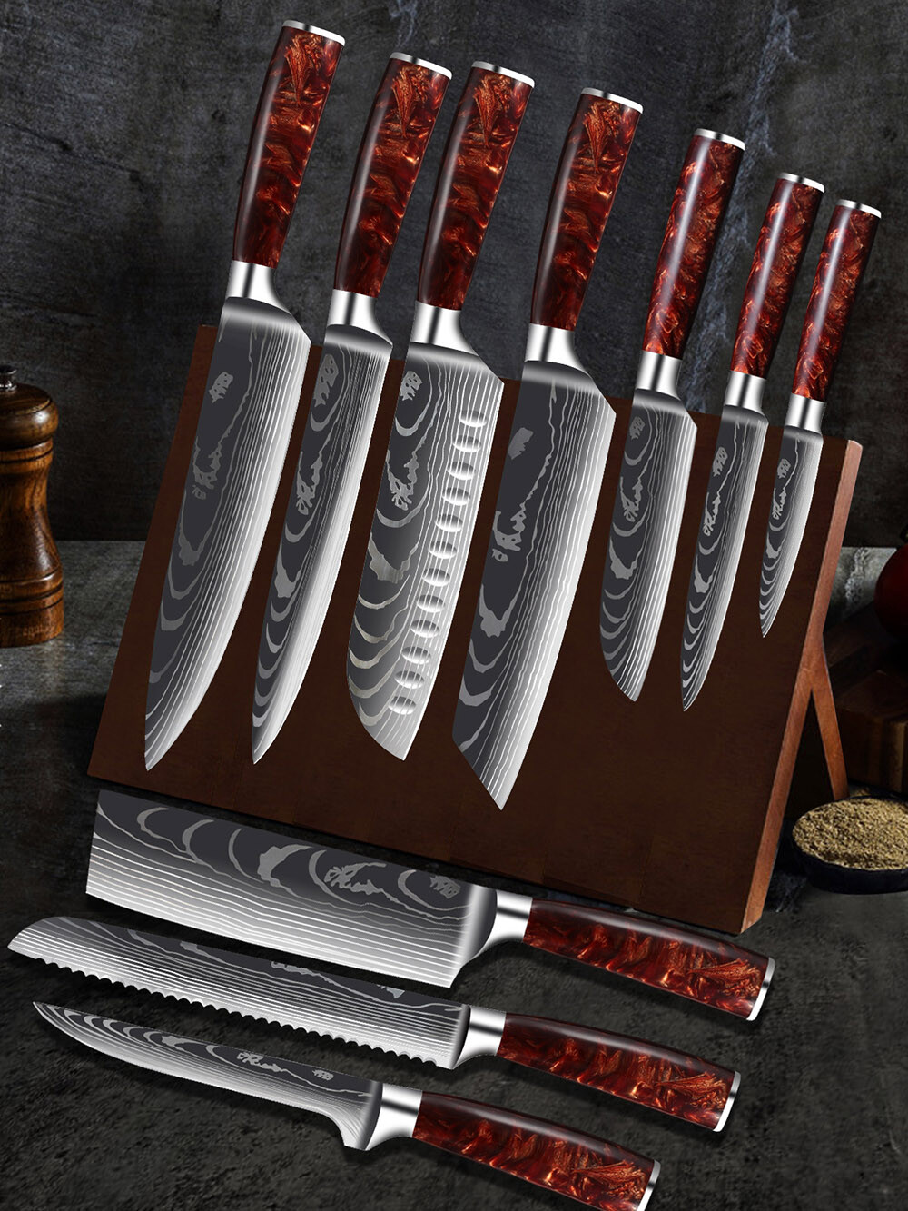 12PC Japanese Damascus Pattern Chef Knives Cleaver Kitchen Knife Set With Sheath