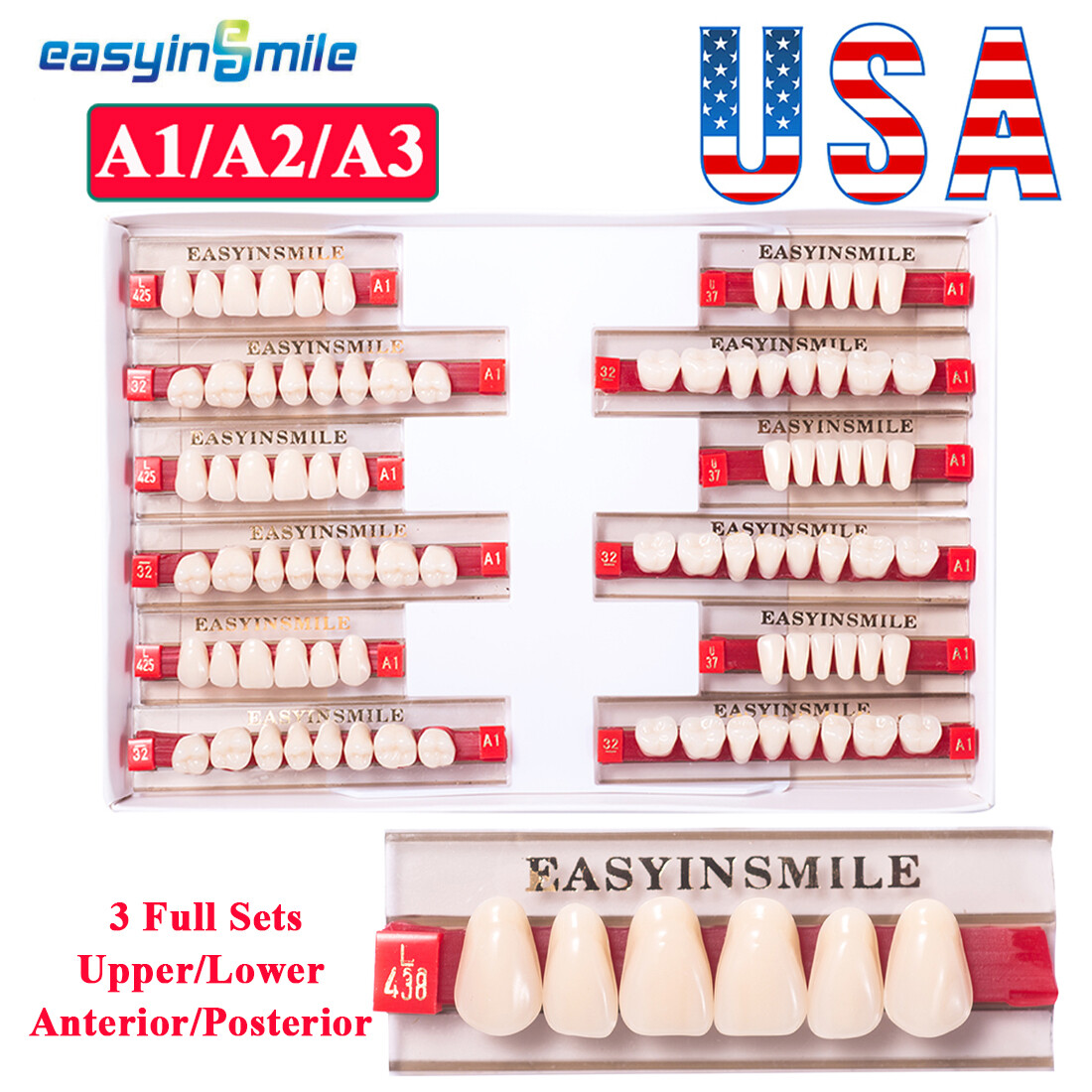 Easyinsmile Dental DIY Acrylic Resin Denture False Teeth Set/Upper/LowerA1/A2/A3