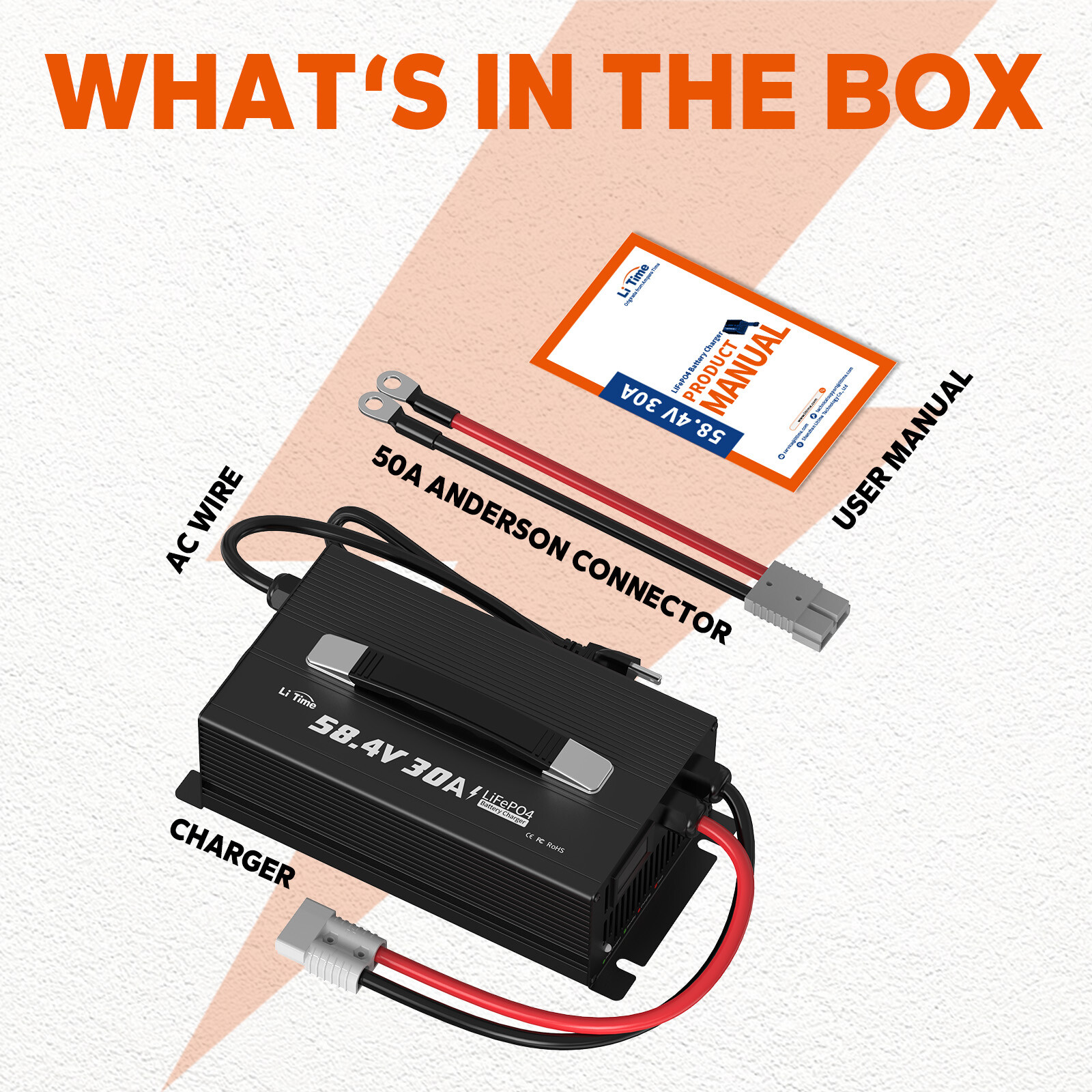 LiTime 58.4V 30A Smart AC-DC Charger for 48V 51.2V LiFePO4 Battery Mountable