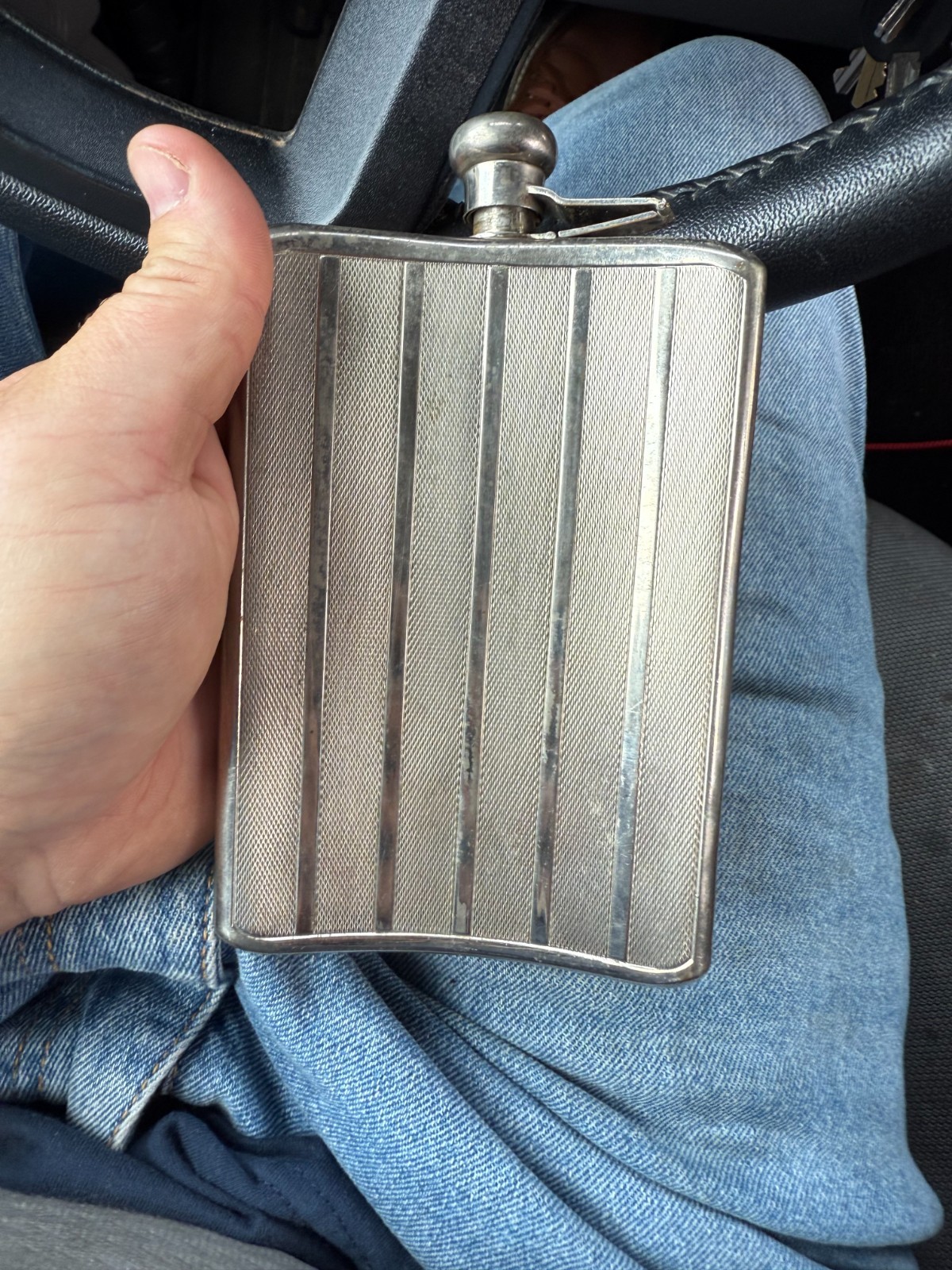 Antique German Silverplate Flask Art Deco Engine Turned Design Triangle Mark