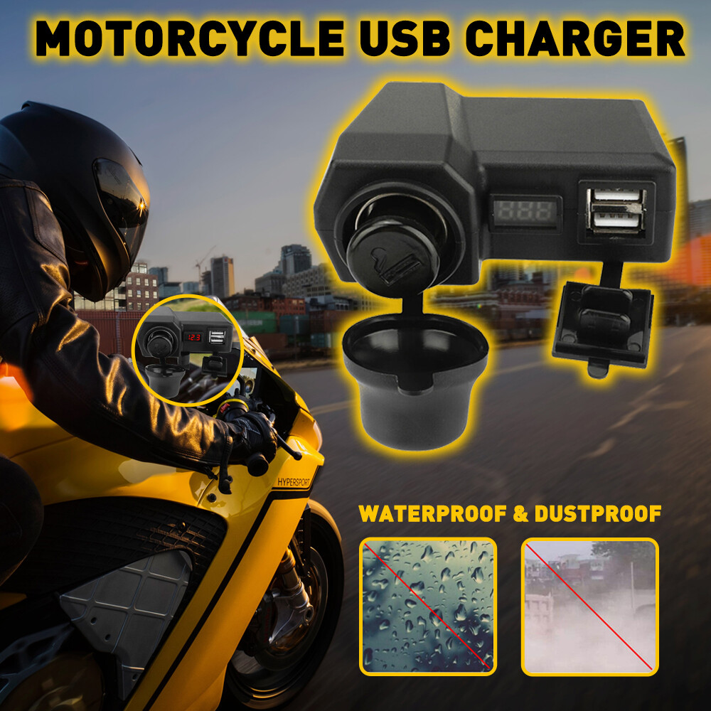 Motorcycle Handlebar Cigarette Lighter Socket Dual Charger USB W/ LED Voltmeter