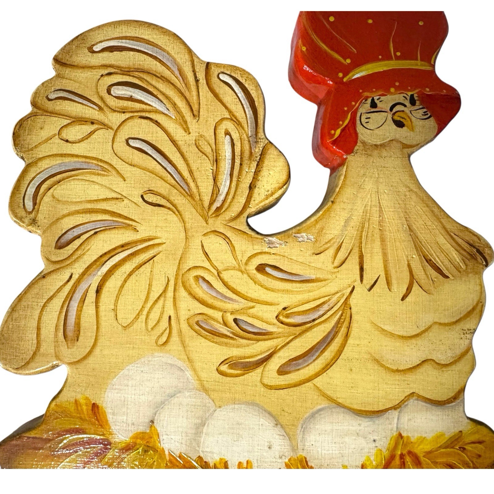 Vintage 80s Wooden Hen Wall Art Anamorphic Animals Pair Glazed Hand Painted