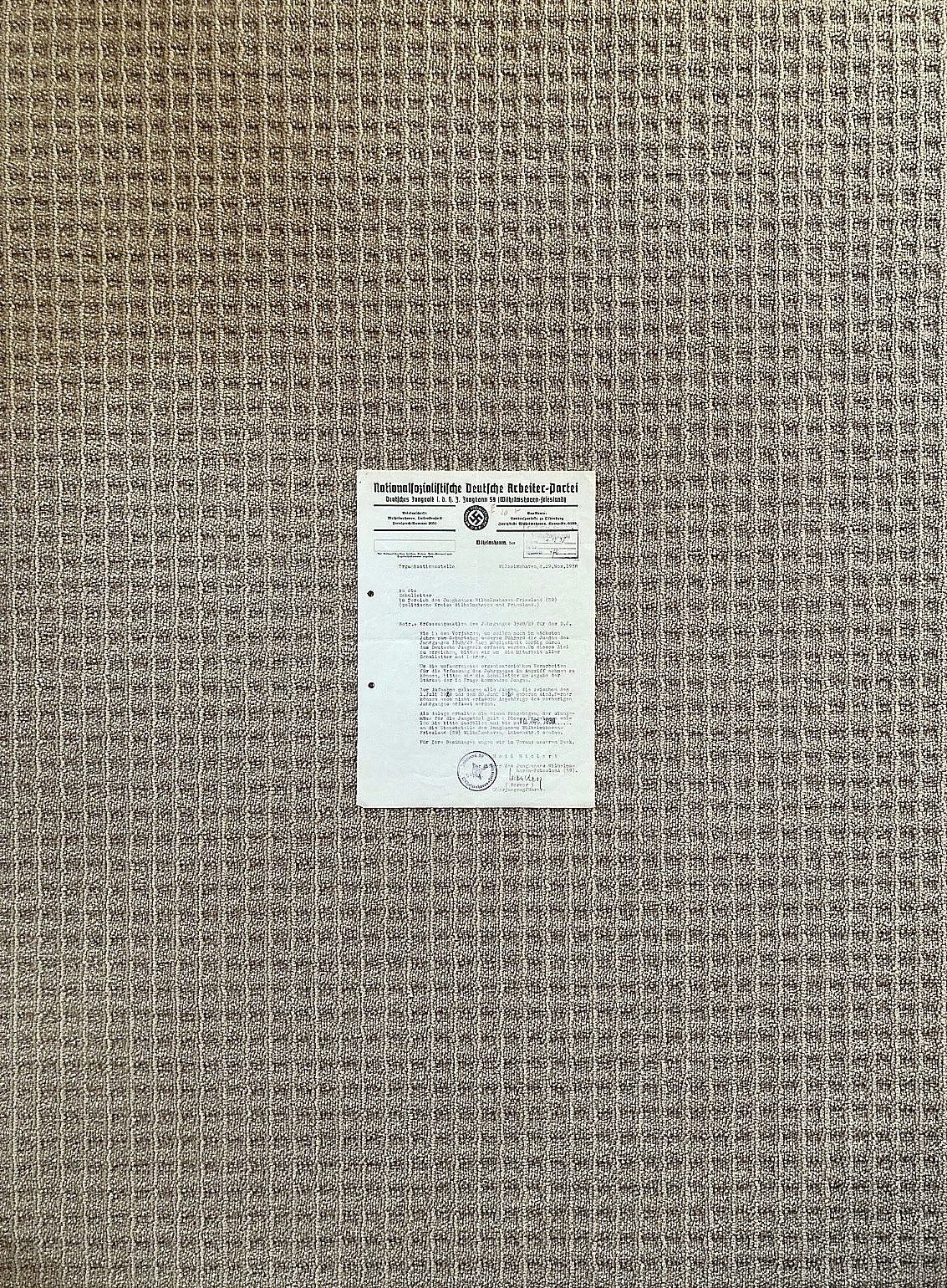 PRE-WW2 GERMAN NATIONAL SOCIALIST YOUNG PEOPLE'S LEAGUE REGISTRATION LETTER