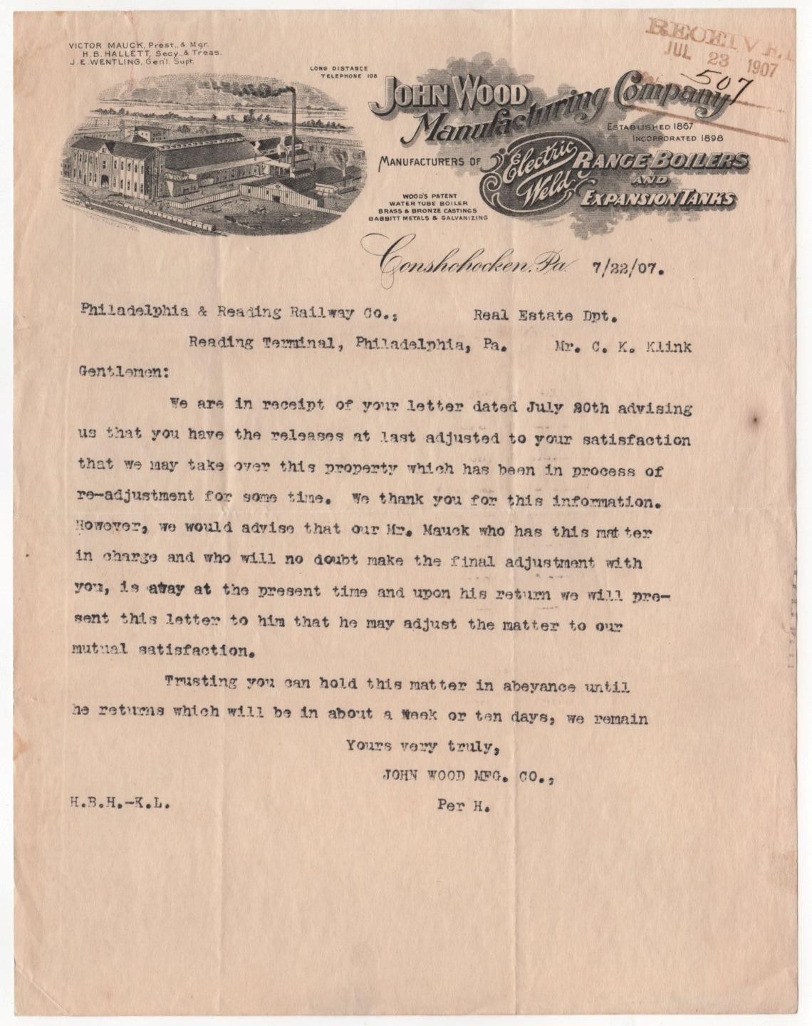 Conshohocken PA 1907 John Wood Mfg. Co. memo with factory graphic and officers
