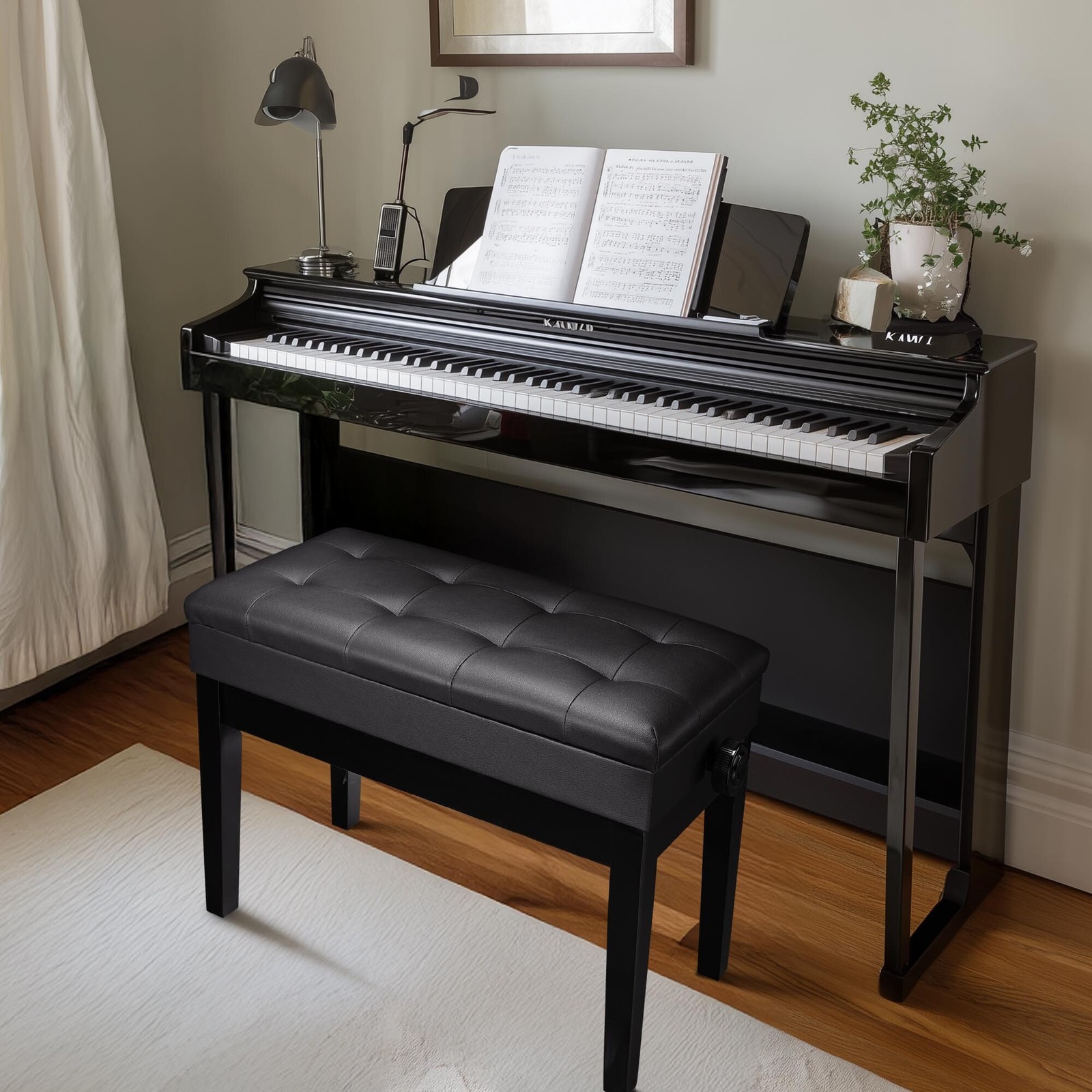 Adjustable Duet Piano Bench w/ Storage PU Leather Padded Wooden Keyboard Stool