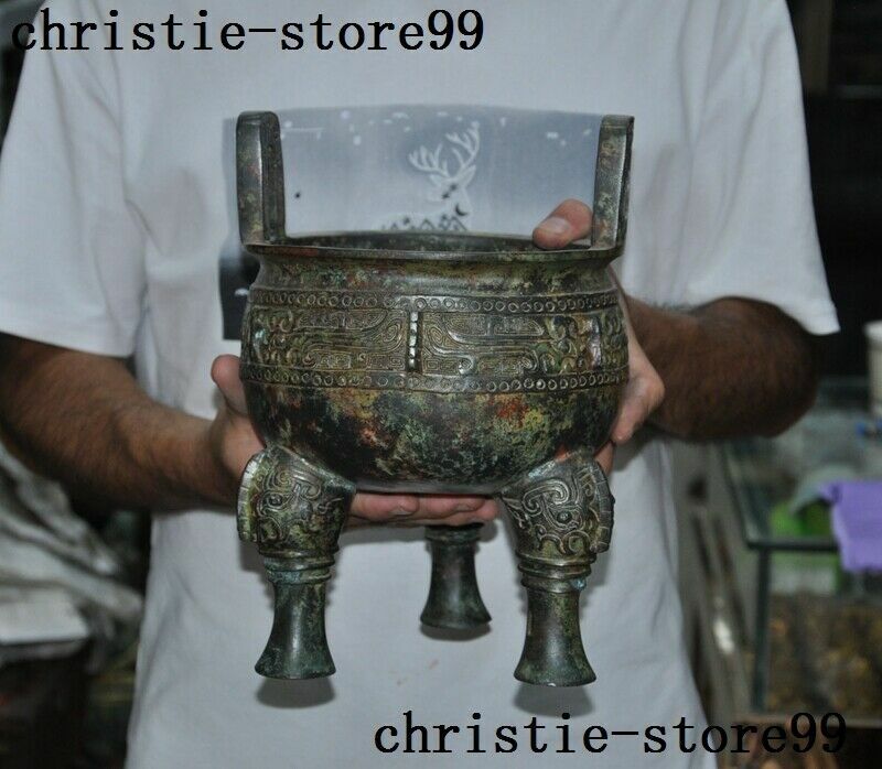 Old Chinese Bronze Ware Dynasty beast face Word 3 leg Incense Burner Censer