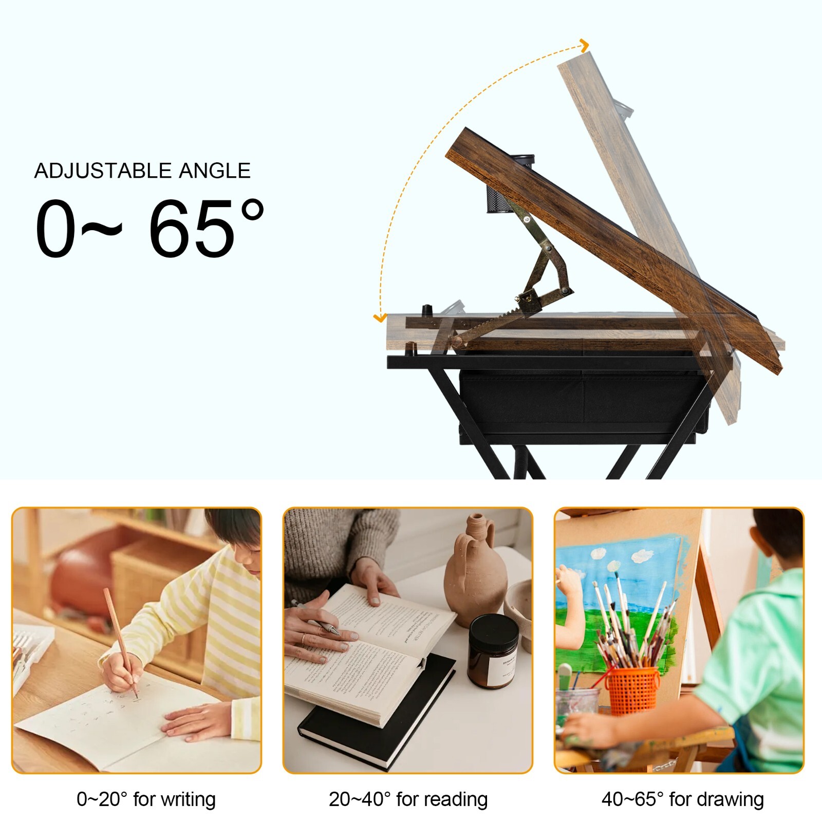 Art Craft Table Drawing Table Tiltable Tabletop w/Stool and 2 Storage Drawers