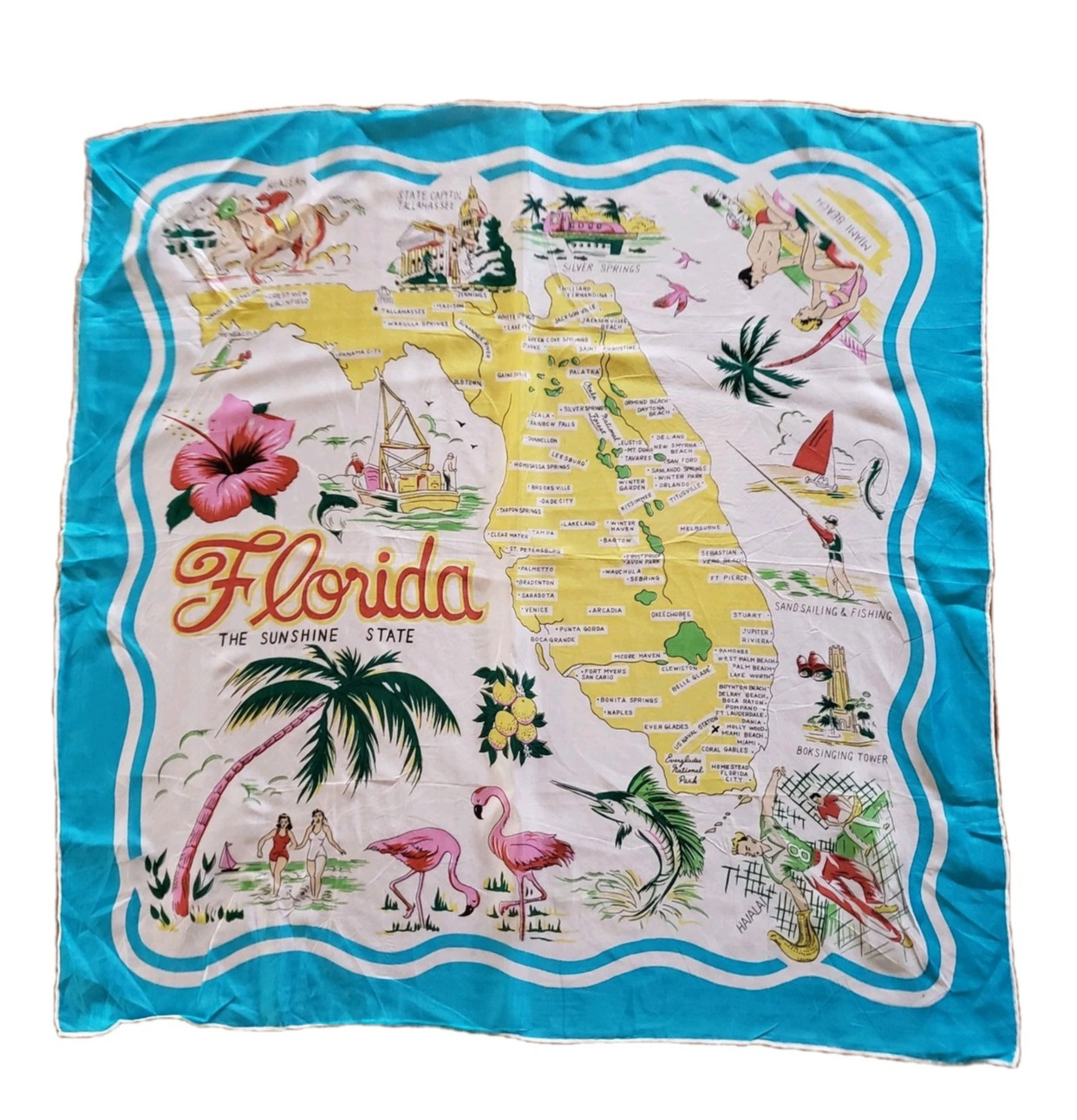 Vintage MCM Florida Map Scarf Rayon Turquoise Blue Hand Rolled Japan 30"X30"