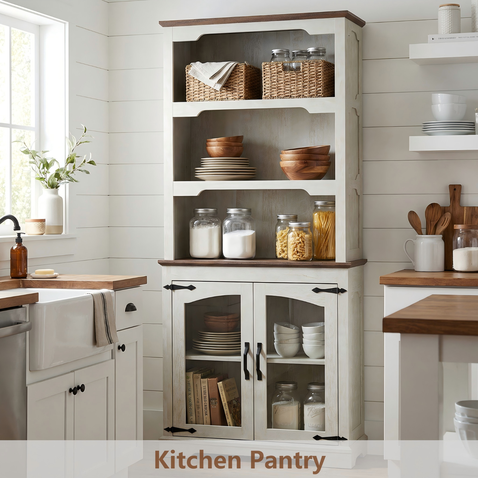 Farmhouse Tall Bookcase with Doors, Rustic White Storage Cabinet with Anti-Tip