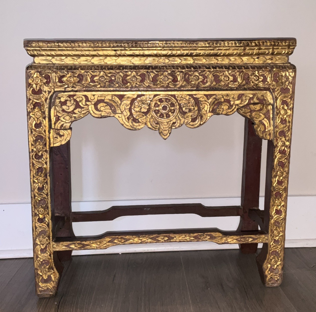 Hand Carved Asian Gilt Wood Altar Table Console – Ornate Gold Red Accent