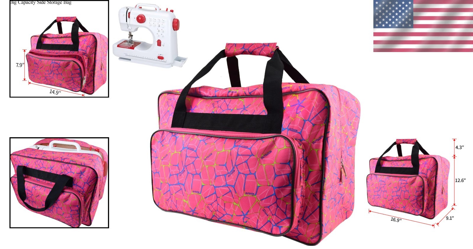 Portable Pink Sewing Machine Carrying Case with Front Pocket for Accessories