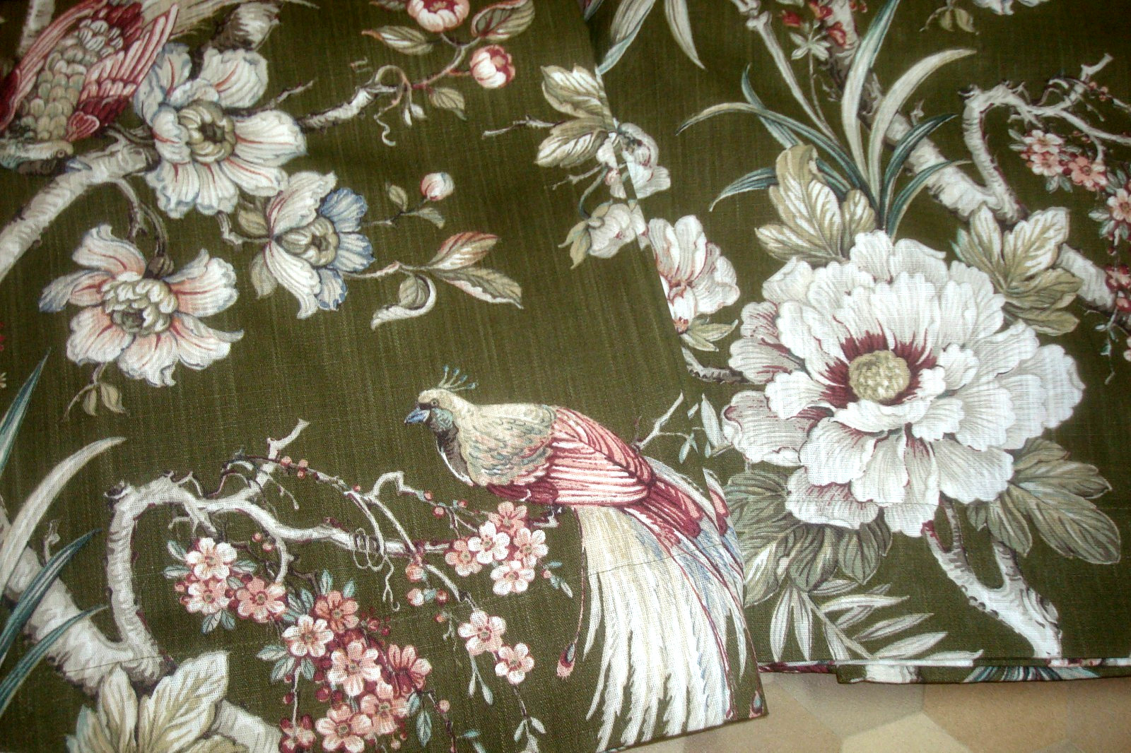 NWT Moss & Willow 2 pc Curtain Panels BIRD Floral Cotton blend Green 96" lg