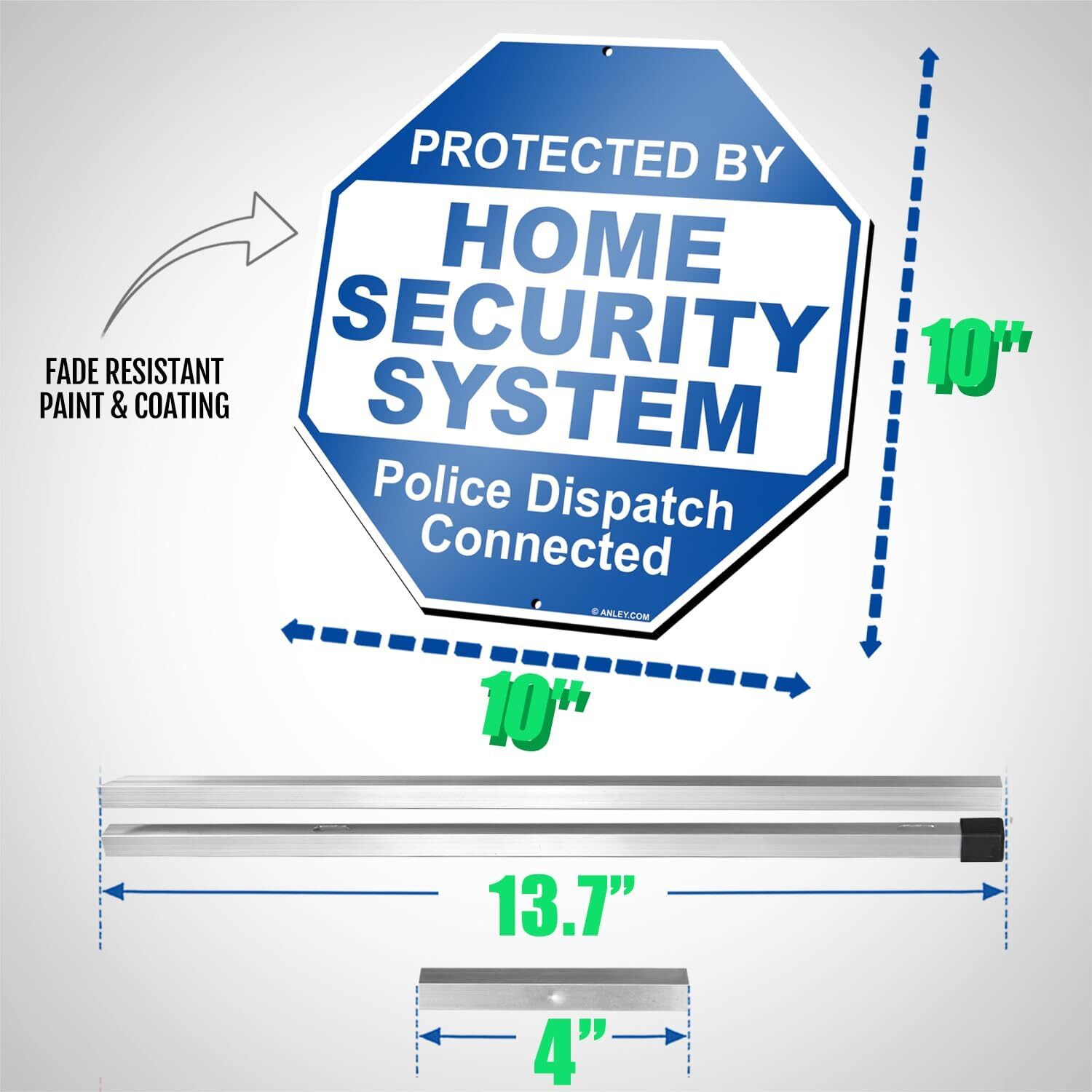 Anley Aluminum Protected By Home Security System Yard Sign 10x10 & Ground Stake