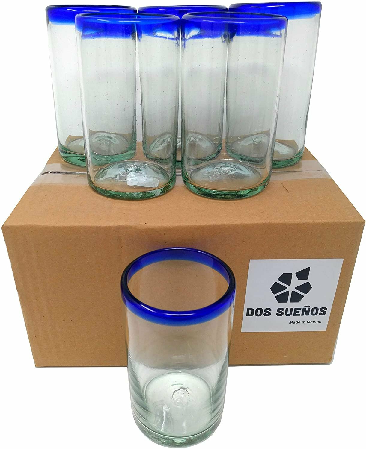 Hand Blown Mexican Drinking Glasses – Set of 6 Glasses with Cobalt Blue Rims...
